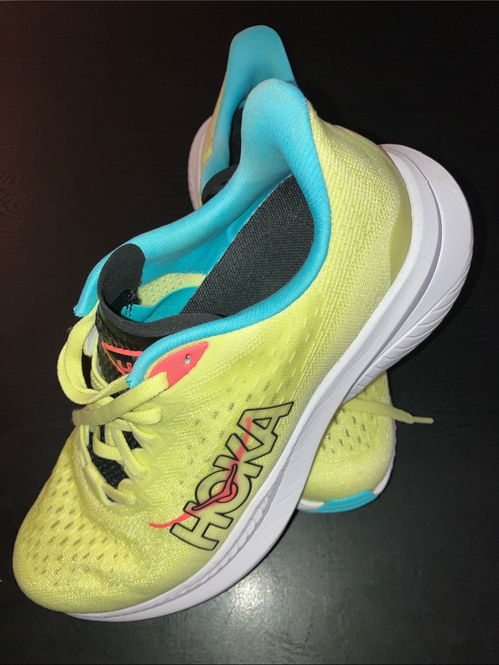 Hoka Neon Yellow Running Shoes with Teal and Coral Accents
